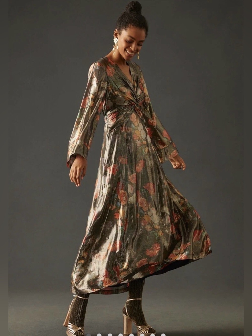NWT Anthropologie Caballero Deep V-Neck Maxi Dress S $248 Floral Metallic‎